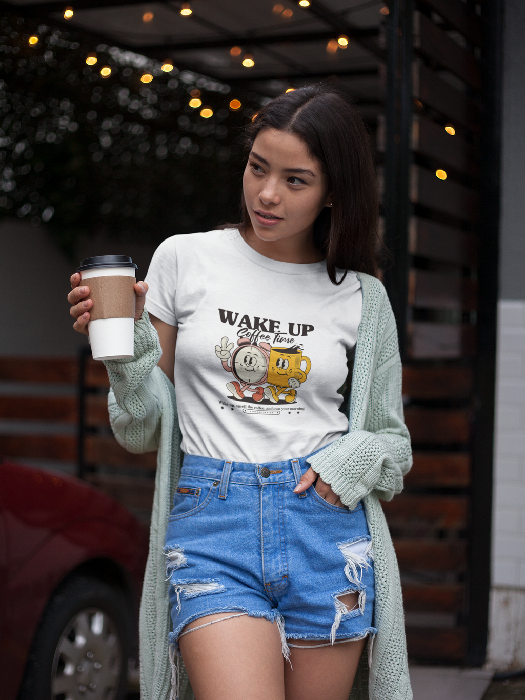 Wake Up Coffee Time T‑Shirt — Cute Retro Coffee & Alarm Clock Graphic Tee for Women