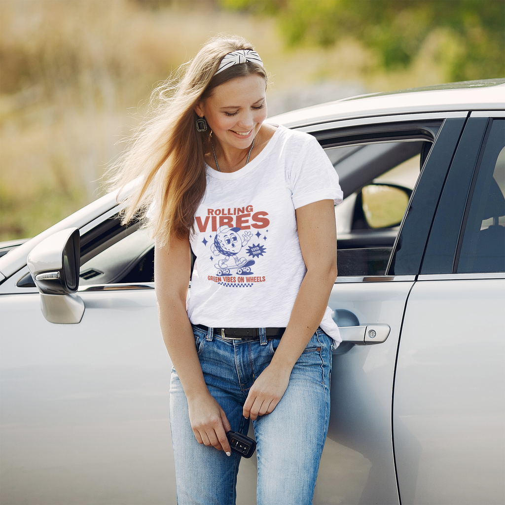 Rolling Vibes Women’s Tee — 'Green Vibes on Wheels' Retro Skate Moon Graphic